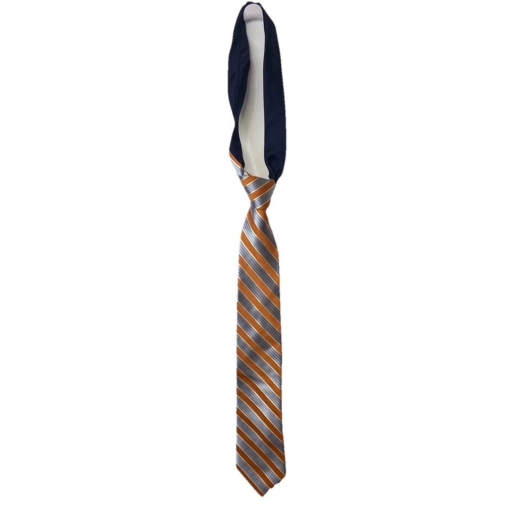 Tommy Hilfiger Mens Tie Orange Blue Striped 100% Silk Neck Tie Necktie